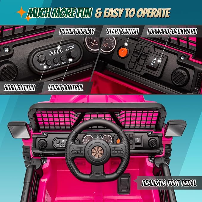 JOYMOR 12V Kids Ride on Truck with Remote Control, 4 Wheels Battery Powered Kids Car, Electric Play Car with LED Lights/Horn/Remote and Manual Control/3-5 MPH Speed/Gift for Girl Boy (Hot Pink)