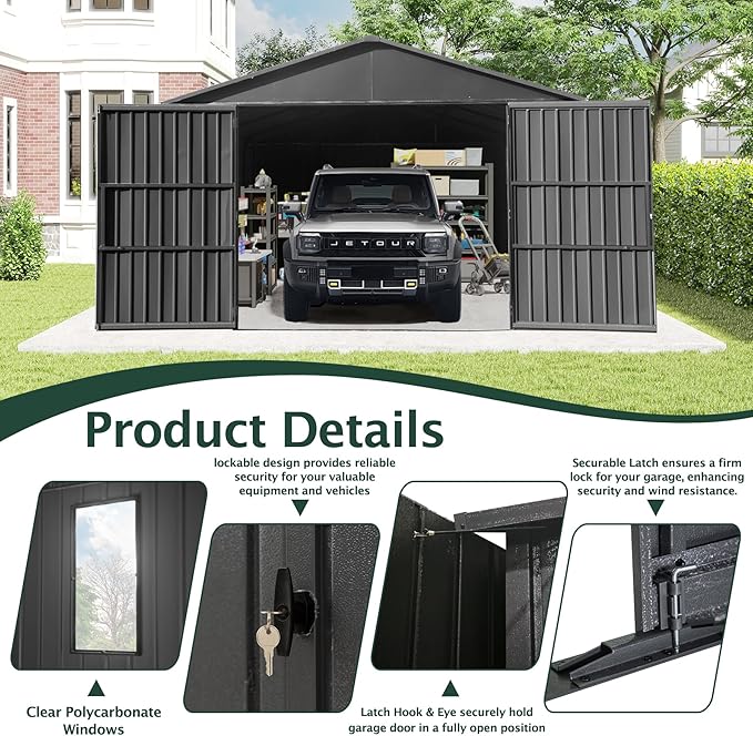 Domi 12’x15’ Outdoor Metal Garage Shed, Weatherproof Enclosed Carport with Sidewalls & 2 Lockable Doors, Backyard Storage Shed for Car, Bike, Motorcycle, Lawn Mower, 80MPH Wind Resistance, Dark Grey