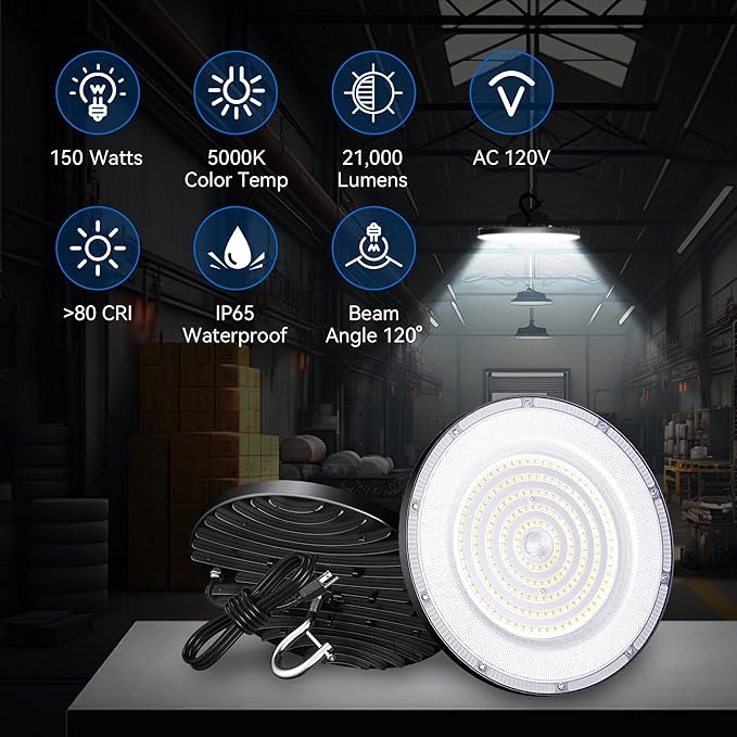 6 Pack UFO Led High Bay Light 150W(600W MH/HPS Equiv.), 21000lm, 5000K High Bay Led Lights with 5' Cable US Hook, IP65 Waterproof Commercial Lighting Fixture for Warehouse Workshop Barn Factory