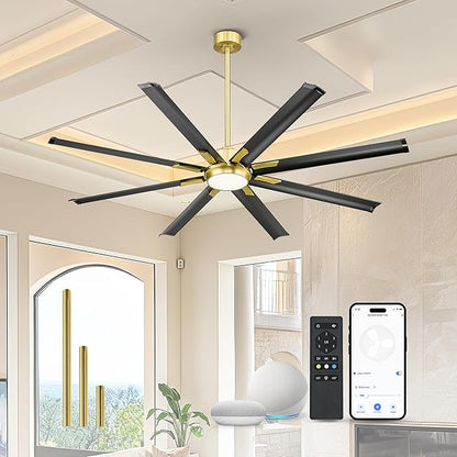 Industrial Ceiling Fan With Light,72 Inch Black & Gold Ceiling Fan With 8 Aluminium Metal Blades,Works with Voice Control,Ideal for Garage and Outdoor Spaces,CF04BGB-72
