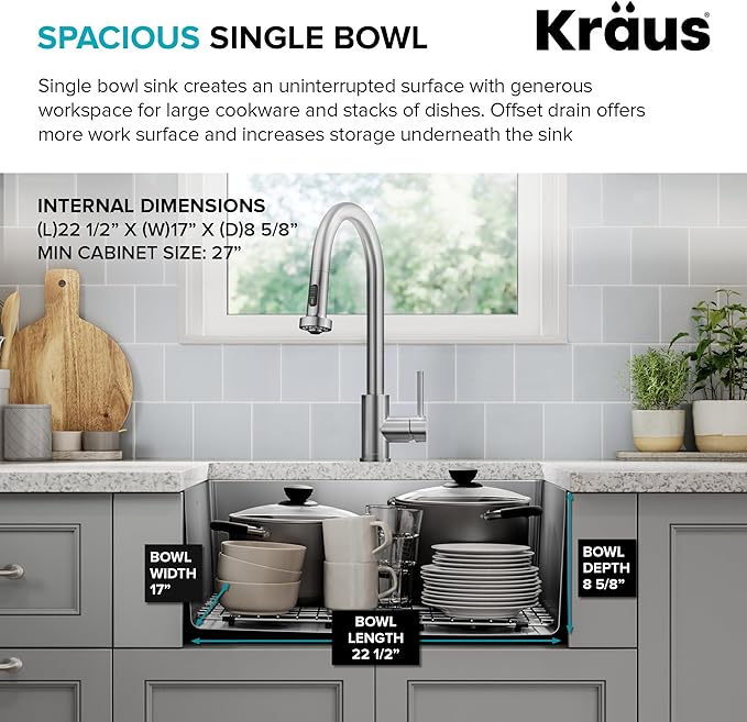 KRAUS Fairlane 25-inch Undermount Single Bowl 18-Gauge Stainless Steel Kitchen Sink, KHU641-25