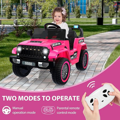 12V Kids Ride On Truck Car, Battery Powered Electric Vehicles with Remote Control, Spring Suspensions, 3 Speeds, LED Lights, Music, MP3, Ride On Toy Car for Children Toddles Boys Girls, Pink