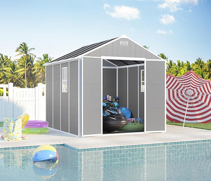 MyVoice 8x8 FT Outdoor Resin Storage Shed with HD Window, Rustproof Waterproof Garden Tool Shed, 12mm Thickened PP Panels, Large Capacity Outdoor Utility House for Backyard Patio (with Floor)