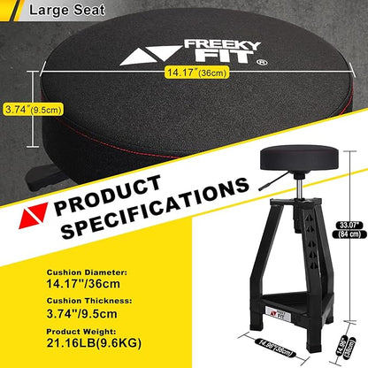 Adjustable Tall Shop Stool, Mechanic Garage Bar Stool Chair, Work Metal Chair for Workshop,360° Swivel Padded Seat, Tool Tray Storage, 350 LBS Capacity, Heavy Duty, Black