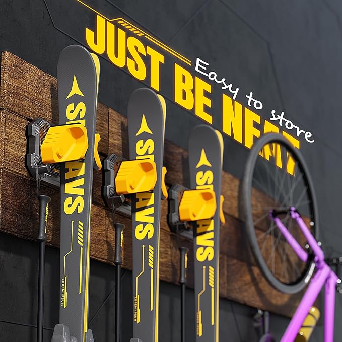 Ski & Snowboard Wall Rack for Garage Wall Fits Any Ski/board, Ski Wall Mount Holders Damage-Free Storage Rack, Garage Organization Space-Saving Winter Gear Organizer, Yellow, 4 Pack