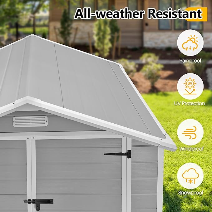 6 * 4.4 FT Resin Outdoor Storage Shed Plastic Shed with Floor, Reinforced Floor for Patio Furniture, Gardening Tools, Lawn Mower, Plastic Garden Shed with Lockable Door for Backyard (Gray)
