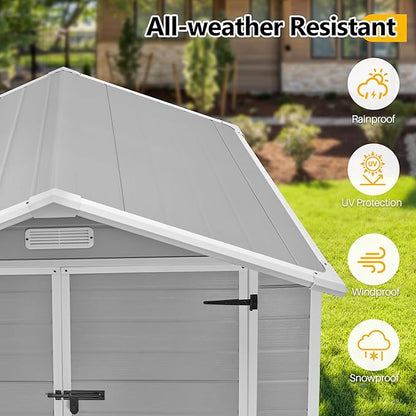 6 * 4.4 FT Resin Outdoor Storage Shed Plastic Shed with Floor, Reinforced Floor for Patio Furniture, Gardening Tools, Lawn Mower, Plastic Garden Shed with Lockable Door for Backyard (Gray)