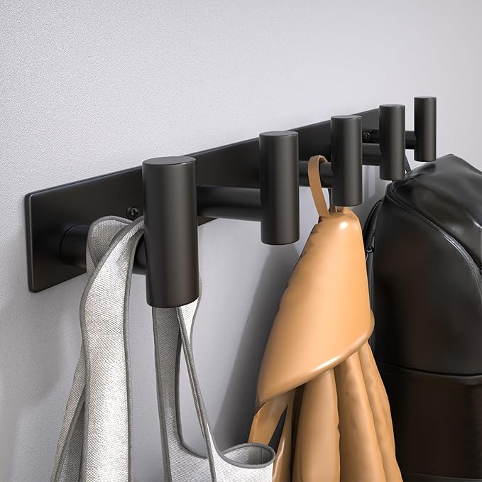 Wall Mounted Coat Rack-5 Hooks, Heavy Duty Stainless Steel Hook Rail for Towel Coat Hat Purse Bag Jacket, Towel Hooks for Entryway Bathroom Kitchen (Black 5 Hooks - 1 Pack)