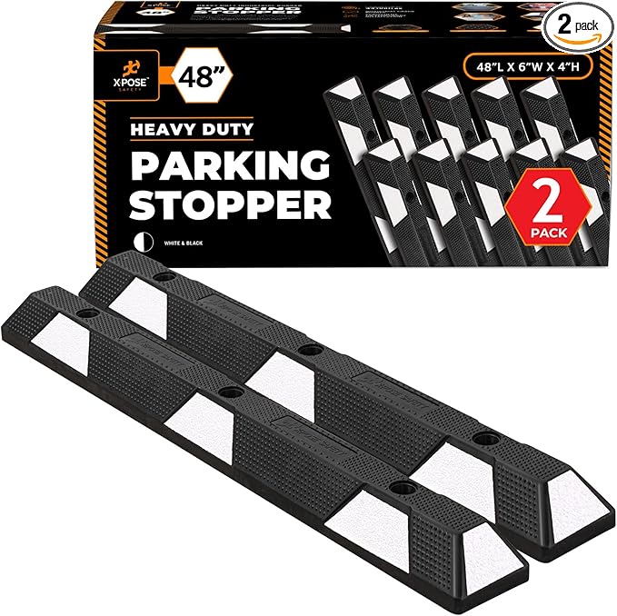 Xpose Safety 48" Heavy Duty Rubber Parking Stopper – 2 Pack Wheel Blocks for Garage, Driveway, or Ramp – Car Bumper Stop with White Reflective Strips – Removable Floor Mount