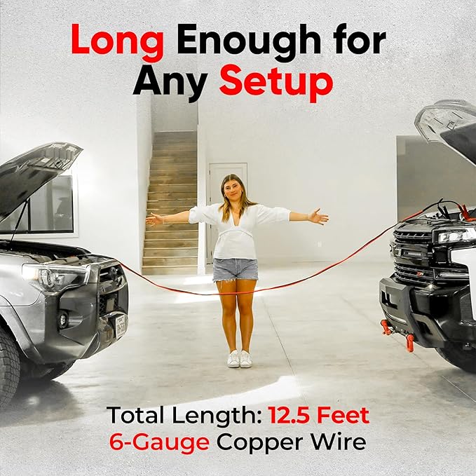 Illumi Heavy Duty Jumper Cables Kit - 12FT, 6GA Jump Cable for Car, Truck - W/LED Indicators for Night Use, Reverse Polarity Protection, Copper Wire - Traditional Front-to-Front Design
