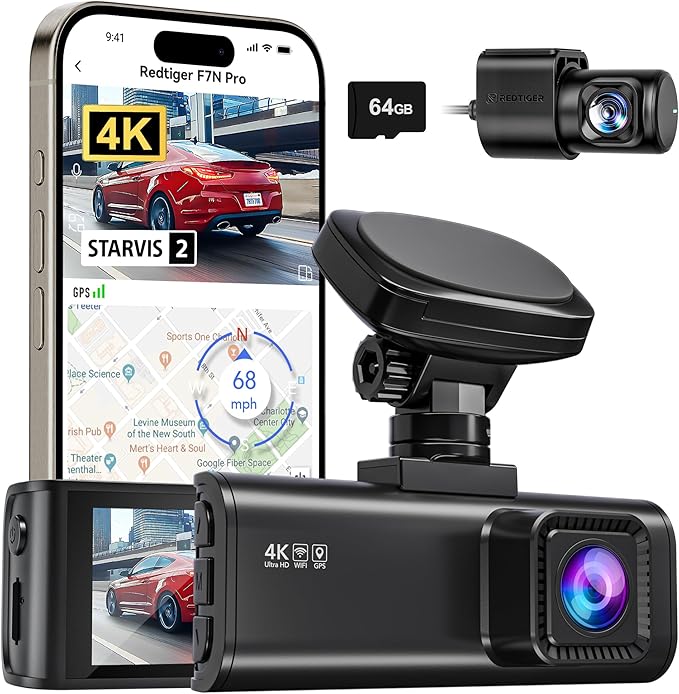 REDTIGER 4K Dash Cam Front and Rear, STARVIS 2 Sensor, 64GB Card Included, 4K/2.5K+1080P Dual Dash Camera for Cars Built-in WiFi GPS, 3.18 Inch IPS Screen, 170° Wide Angle, Parking Monitor (F7N Pro)