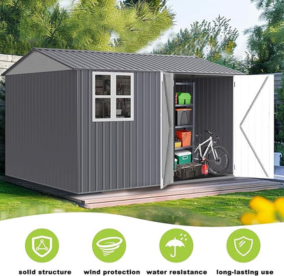 8x10 FT Outdoor Storage Shed, Metal Garden Shed with 4-pane Window, Outside Tool Shed with Lockable Hinged Doors & 4 Air Vents, Waterproof Storage Building for Backyard, Patio, Lawn, White+Gray