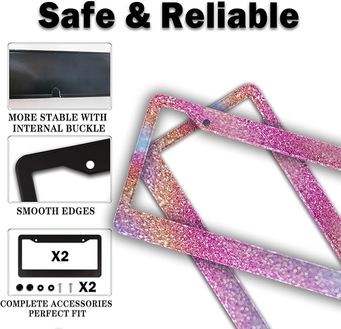 License Plate Frame Multicolor License Plate Holder Shining Rainbow Gradient Sparkle Glitter Women Aluminum Metal Car Accessory 2 Pack with Screw Covers Set