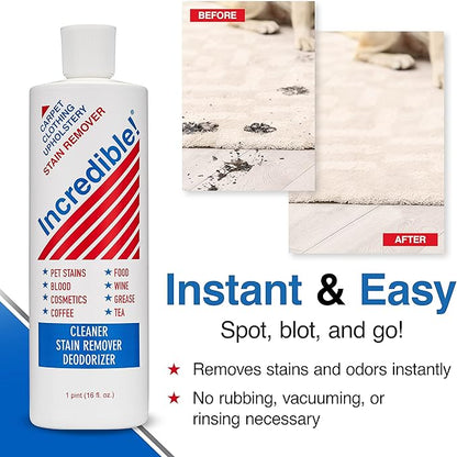 INCREDIBLE! Stain Remover - Instant Spot Remover For New and Old Stains - Blood, Red Wine, Coffee, Urine, Cosmetics, Pet Stains and Odor Eliminator - Carpets, Mattress, Laundry, 16.oz (2 Pack)