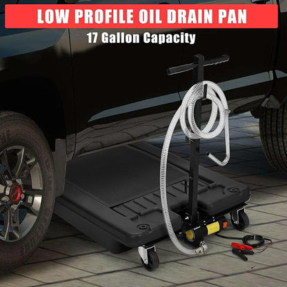 ‌17 Gal Electric Oil Drain Pan, Low Profile Mobile Oil Changing Pan with Hand Pump, 8 Ft Hose & Quick Drain Valve, Leak-Proof Design for Truck Car Motorcycle, Garage Workshop Use