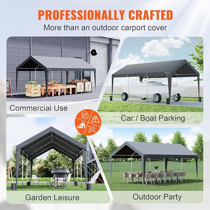 VEVOR Carport Car Canopy 10x20ft, Upgraded Heavy Duty Car Port Garage Boat Shelter Party Tent with 8 Reinforced Poles and 4 Weight Bags, UV Resistant Waterproof Tarp for SUV, Truck, Boat