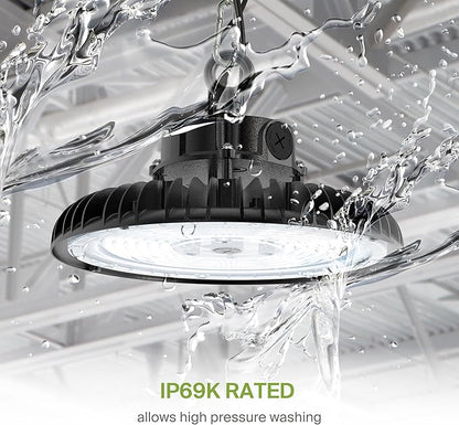 ASD LED High Bay UFO Light Fixture, Commercial Shop Lighting | Dimmable, IP69K Waterproof, DLC Premium, UL Listed | 150W 23000LM 5000K 100-277V | Warehouse, Garage, Workshop, Barn Lamp | Black