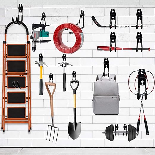 3-H Garage Wall Hooks 10 Pack, Heavy Duty Garage Hooks with Extra Welding Spots, Wall Mount Storage Organizer for Hanging Garden Lawn Tools, Chair, Shovel, Blower, Toolkit (Black)