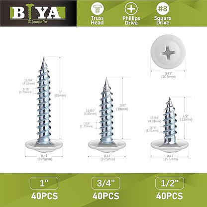 White Screws,#8 White Wood Screws 120pcs Thread Truss Head Fast Self Tapping White Pan Cabinet Screws Wood Work for Wall Plates, 1/2 Inch, 3/4 Inch, 1 Inch