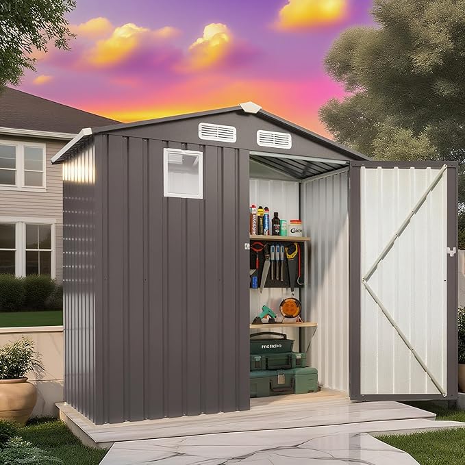 6 x 4 FT Outdoor Storage Metal Shed, Bike Garden Tool Shed with Slooping Roof, Lockable Doors and Aluminum Frames, Shed Easy to Assemble for Garden, Patio, Lawn, Black