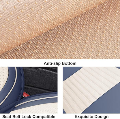 LINGVIDO Car Seat Covers, Breathable and Waterproof Faux Leather Automotive Seat Covers for Cars SUV Truck Sedan,Universal Anti-Slip Seat Cover with Backrest (Front Seat, White & Blue)