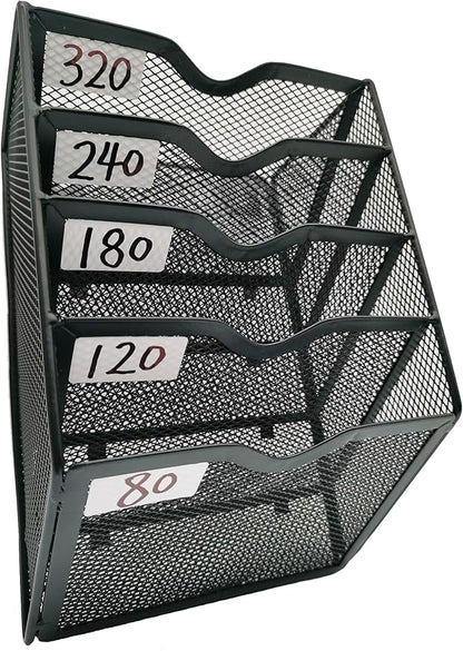 5-Tier Wall Mount All Metal Sandpaper Organizer, Hanging Sandpaper Storage Rack Holder for 5" & 6" Sanding Discs, Woodworking Tool Box Accessories (Black)