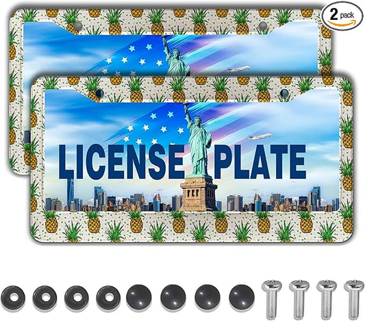 Car License Plate Frame Black Yellow License Plate Frames Yellow Pineapple Aluminum Metal Car Accessory 2 Pack with Screw Covers Set