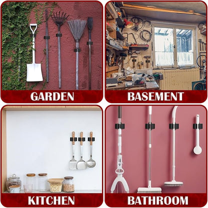 3-H Broom Holder Wall Mount 8 Pack, Mop and Broom Holder for Garage Garden Shed Storage System Laundry Room Home Kitchen Organization (Black)