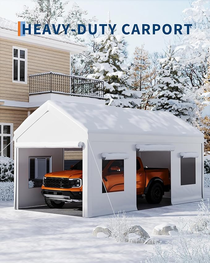 10x20 Ft. Metal Carport Garage with PE Fabric and Galvanized Steel Frame Outdoor Shelter for Cars, Trucks and Boats with 4 Doors and Mesh Windows for Ventilation - White
