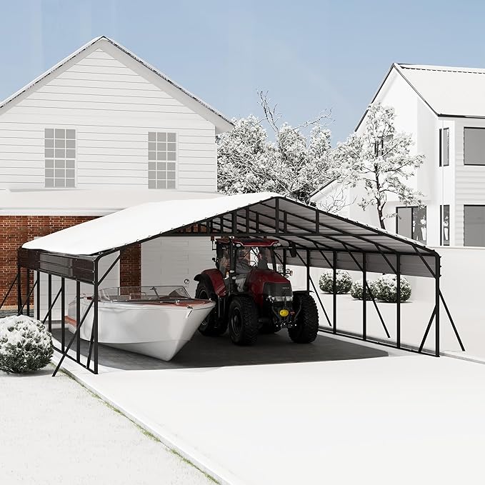 20x30FT Metal Carport Kits with Galvanized Steel Roof, Heavy Duty Metal Roof Carport with Enhanced Base, TallMetal Carports Kits Garage for Tractors, Pickup, Boat, Car