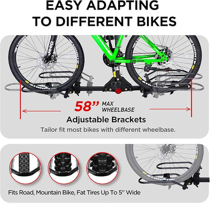 Young 200 lbs. Capacity Hitch Mounted 2-Bike Rack with Lock for Standard, Mountain, Fat Tire Bikes, fit Car, SUV, Van, RV, Trailer, Truck