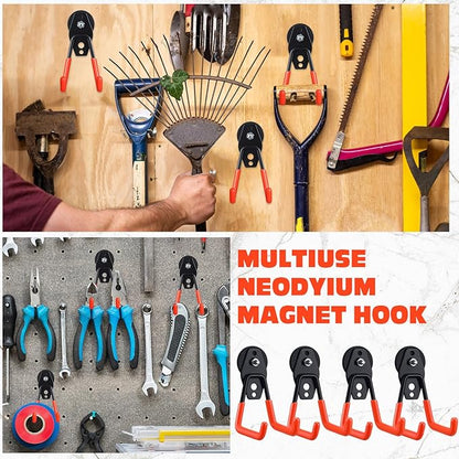 Landhoow Large Magnetic Hooks Heavy Duty Garage Magnet Hooks Strong Storage Utility Magnetic Hangers with Anti Slip Rubber Coating for Indoor and Outdoor Hanging(Orange,4 Pcs)