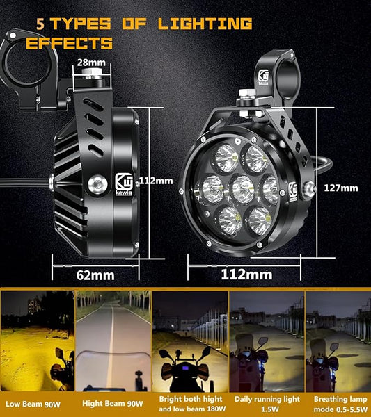 Kewig 4.5 Inch Motorcycle Auxiliary LED Fog Light 90W Amber White Driving Spotlight Kit With Mount Brackets Wire Harness Waterproof Offroad Fit for Motorcycle Jeep Car Truck