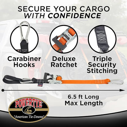 PowerTye 1.5in x 6.5ft Heavy Duty Ratchet Tie-Down Straps with Soft-Tye and Carabiner Hooks - 1,000 lb Working Load Limit / 3,000 lb Breaking Strength - Made in USA - Black/Black Pair