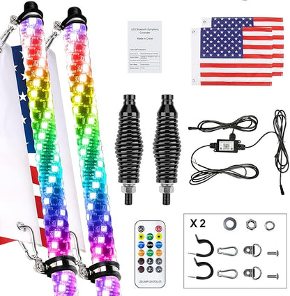 3FT-2 PC Spiral RGB LED Whip Light RGB Chasing/Dancing Light RF Remote Control Lighted Whip Lights for UTV, ATV, Off Road, Truck, Sand, Buggy Dune, RZR