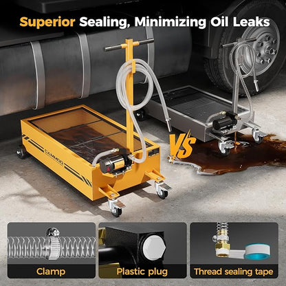 25 Gal Electric Oil Drain Pan, 110V High-Flow Pump, 9.8 FT Hose, 200 W Motor, 2 Locking Swivel Casters and 2 Directional Wheels Stable, Folding Handle, Heavy-Duty for Trucks, RVs, SUVs, Yellow