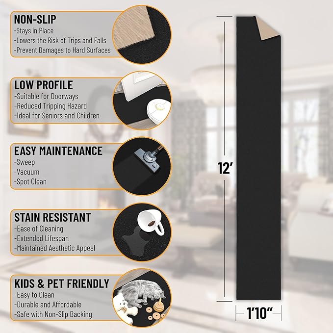 Ottomanson Hallway Runner Rug 1'10" x 12' Non Slip Solid Area Rugs Easy to Clean Laundry Rug Runner Durable & Pet Friendly Floor Carpet Runners for Hallways Entryway Living Room Kitchen, Black