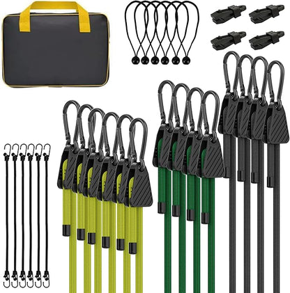 Bungee Cords with Hooks, Upgrade 30pcs Assortment Heavy Duty Outdoor with 24'' 32'' 48'' Adjustable Bungee Cords, 10'' J Hooks Cord, 6" Canopy Tarp Ball Ties and Tarp Clips Drawstring Organizer Bag