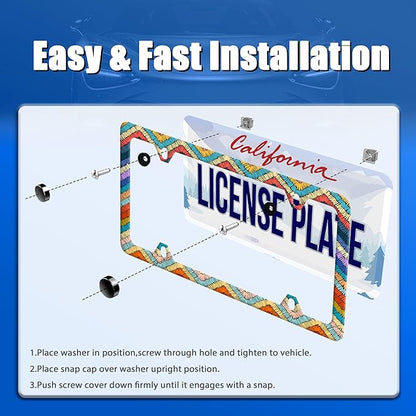 Boho License Plate Frame Colorful Stripe License Plate Stainless Steel Funny License Plate Holder Men Women Personalize Mandala Car Accessory Decoration 12.3" x 6.3"