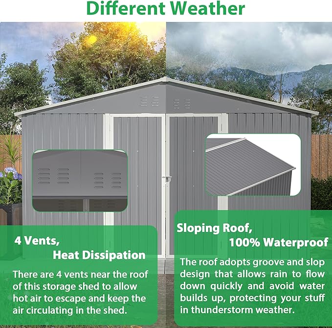 11x13ft Outdoor Metal Storage Shed,Steel Utility Tool Shed Storage House with Double Lockable Doors & Air Vent for Backyard Garden Patio Lawn Gray