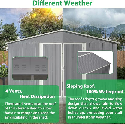 11x13ft Outdoor Metal Storage Shed,Steel Utility Tool Shed Storage House with Double Lockable Doors & Air Vent for Backyard Garden Patio Lawn Gray