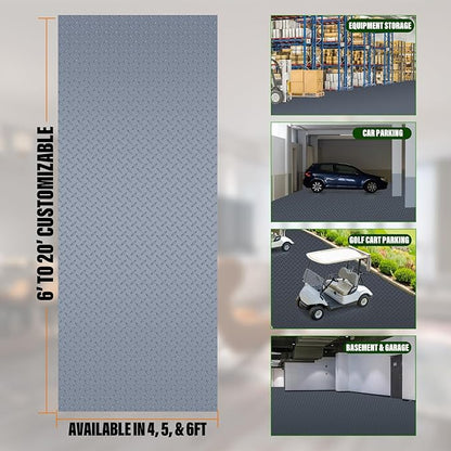 SEAL 6 x 20 Ft Premium Garage Floor Mat, Solid 2.8mm Thick Gray Commercial Grade Heavy Duty Parking Mat for Garage Floor, Golf Cart Parking, Water/Stain Resistant Floor Runner (Embossed Diamond Plate)