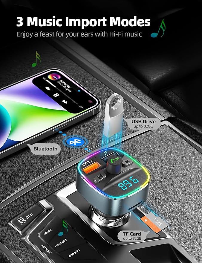 Nulaxy Bluetooth FM Transmitter for Car,Bluetooth Car Adapter with Dual USB Charging Car Charger MP3 Player Support TF Card & USB Disk,Hands-Free Calling,7 Colors Led Backlit Light-Gray