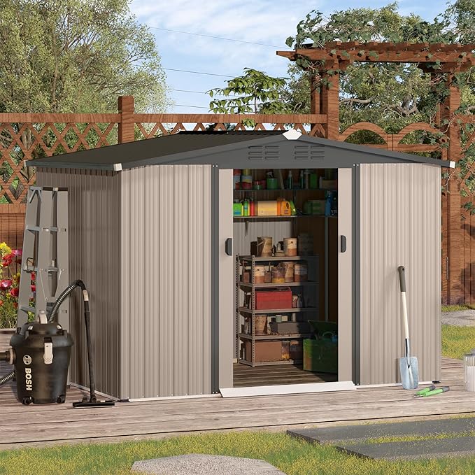 U-MAX 8 x 6 Ft Outdoor Shed, 6x8 Outdoor Storage Metal Cabinet Sheds & Outdoor Storage Clearance (Sliding Door), Garden Metal Shed for Yard in Grey