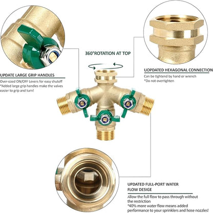 STYDDI Full Flow 3-Way Garden Hose Splitter, Solid Brass High Volume 3 Way Hose Splitter Valve with Metal Handle, Heavy Duty High Flow Spigot Splitter with Shut off Valve, 3/4 Inch Garden Tap Splitter