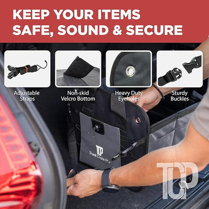 TRUNKCRATEPRO Trunk Organizer For Car, Suv, Truck | Premium Adjustable Multi Compartments Collapsible Car Trunk Organizer With Securing Straps & Non-Slip Bottom (Large Size, Grey)