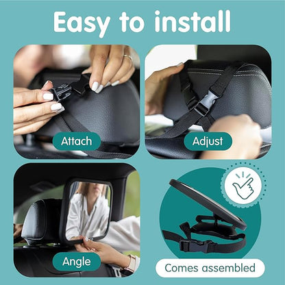 Onco Baby Car Mirror Rear Facing - Double Award-Winning Convex Car Mirror for Baby, 100% Shatterproof & Shakeproof with 360° Rotation, Newborn Essentials (9.6 x 6.9 in)
