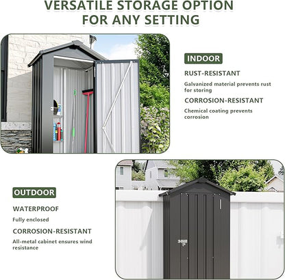 Outdoor Metal Storage Shed, Waterproof Garden Tool Shed with Lock, Galvanized Steel Utility Cabinet, Weather-Resistant Storage Locker for Backyard, Patio, Garage Tools Organization (Black)