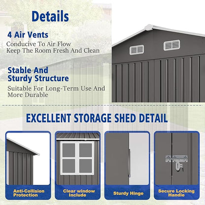 8X10 FT Outdoor Storage Shed with Window, Metal Sheds & Outdoor Storage with Lockable Door and 4 Vents, Outside Storage Shed Waterproof for Backyard, Garden, Patio, Gray