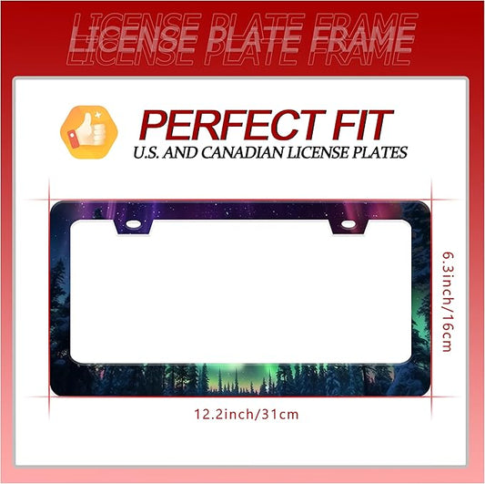 Personalized License Plate Frame Aurora Forest Stainless Steel Accessory Starry Sky License Plate Holder Funny Car Decorative 2 Holes Screws Fits Us Standard License Plates 12.2 X 6.3 In For Men Women